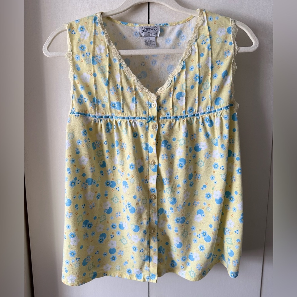 Vintage Cottagecore Pajama Set Yellow & Blue Floral Lace Ribbon Bow PJ Set